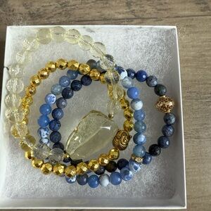 Handmade gemstone 4 piece Blue and Gold Beaded Bracelet Set